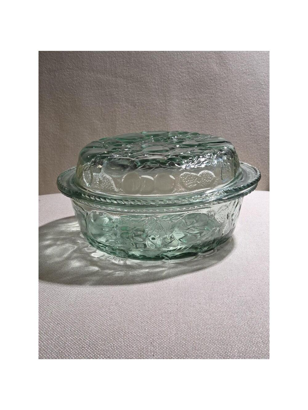 Vintage Libbey Orchard Fruit Green Glass 3 Qt Casserole Dish with Pie Plate Lid
